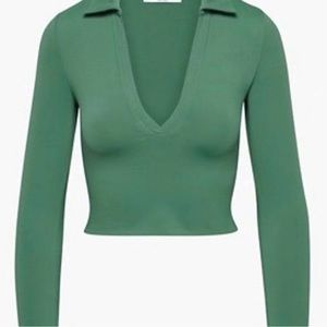 aritzia Babaton Sculpt Knit Polo Longsleeve in Green sized Small